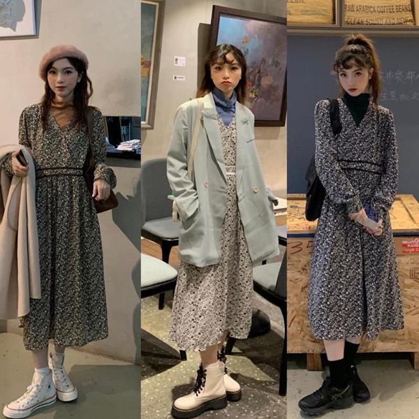 

autum winter arrivals v-neck floral long dress female single wear base all-match casual dresses, Black;gray