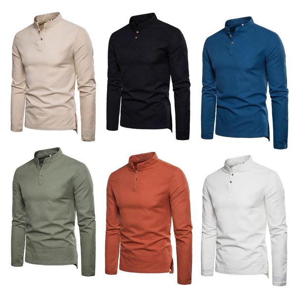 

men's sweaters spring and autumn casual stand collar solid color shirt, fashionable long sleeve button versatile top, White;black