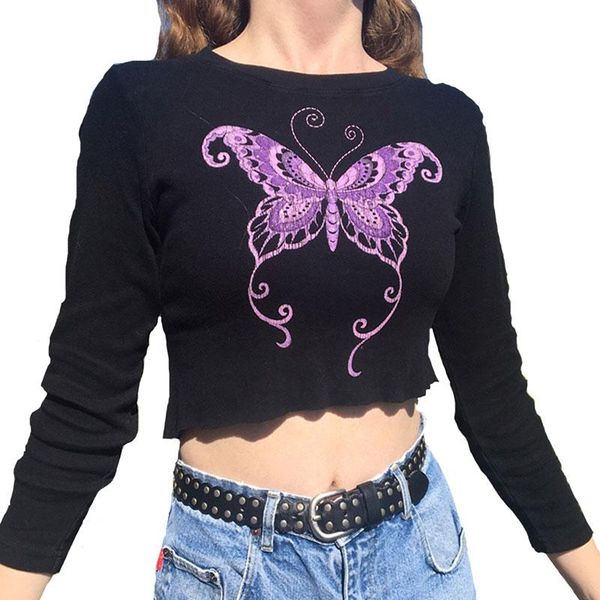 

women's t-shirt women casual crop adults autumn butterfly print long sleeve round neck t-shirts, White
