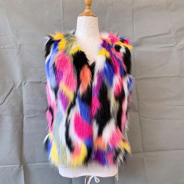 

women's fur & faux 2021 autumn winter women fashion colorful short vest female sleeveless v neck rainbow color fake coat jacket, Black