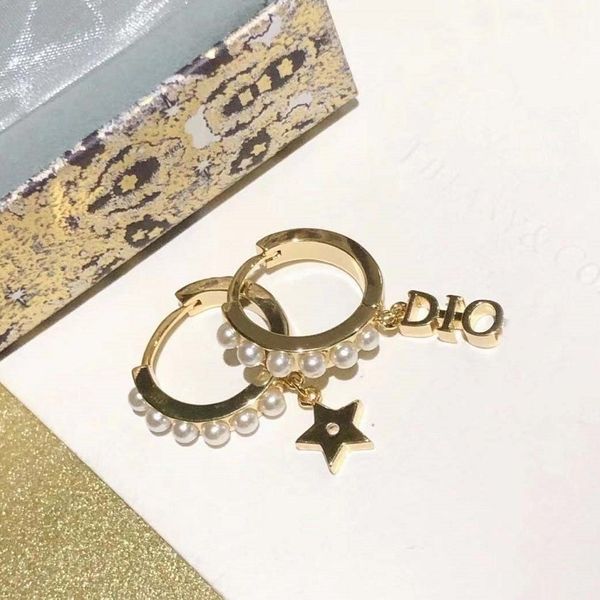 

75% off outlet online new 925 silver needle pearl five pointed star letter earrings for women, Golden