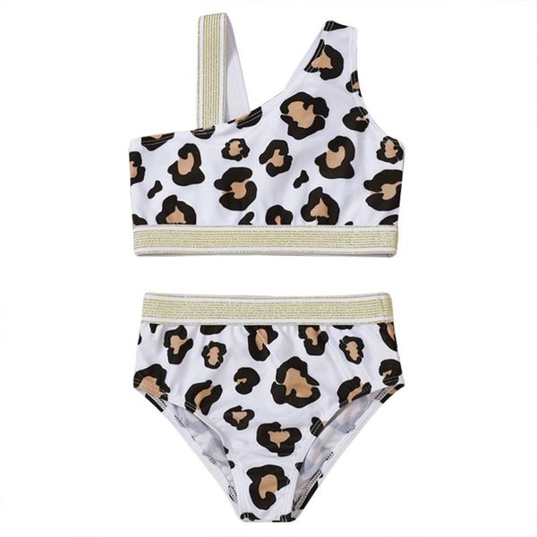 

one-piece suits 2021 baby girls two-piece summer swimsuit leopard print asymmetry straps swimwear bikini bathing suit kids beach sport outfi