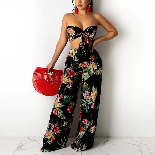 

women's two piece pants bevenccel floral 2 set print layer tie up strapless crop high waist matching sets women vacation outfits, White