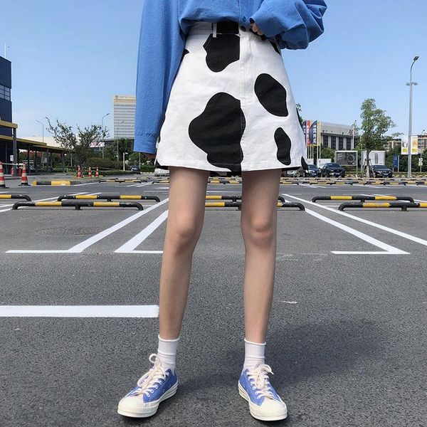

korean cow printting asymmetry dot print high waist mini a-line elegant slim pattern short skirt skirts, Black