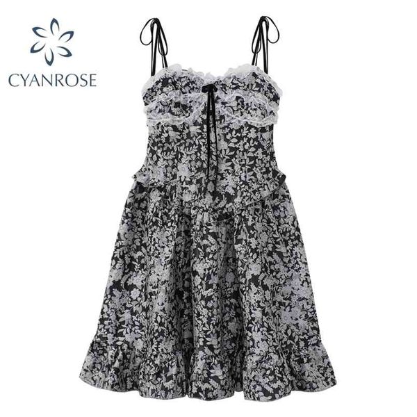 

summer women's lace print elegant dress women sleeveless spaghetti strap dresses korean sweet mori girl ins vestidos 210515, Black;gray