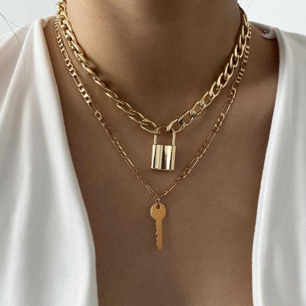 

chains creative fashion geometric letter double layer necklace retro key lock pendant female daily wear wholesale supply, Silver