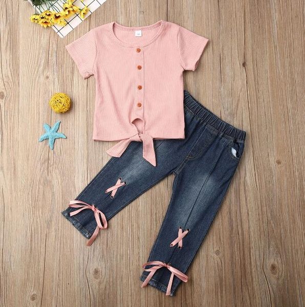 Малыш для девочки Одежда одежды сплошной цвет с коротким рукавом вязаная хлопковая футболка топы джинсовые длинные брюки 2шт наряды