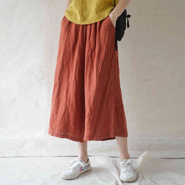 

johnature cotton linen loose leisure elastic waist pocket wide leg pants summer simple comfortable all-match women pant 210521, Black;white