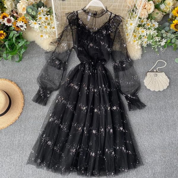 

casual dresses 2021 spring women's o neck lantern sleeve sequined ruffles gauze a-line dress female elegant waist mesh fairy, Black;gray