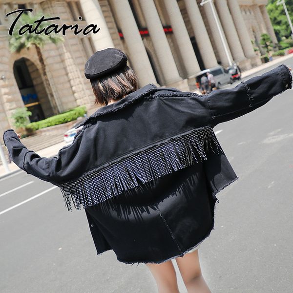 

vintage women black denim jackets loose coat for women sequined tassels streetwear wash long sleeve casual jean jacket 210514, Black;brown