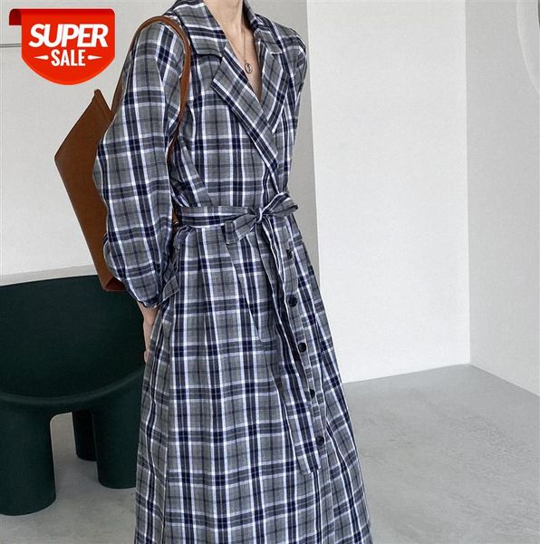 

zhi chenxi long plaid dress sleeve shirt new suit collar korean waist skirt 598 #vi3n, Black;gray