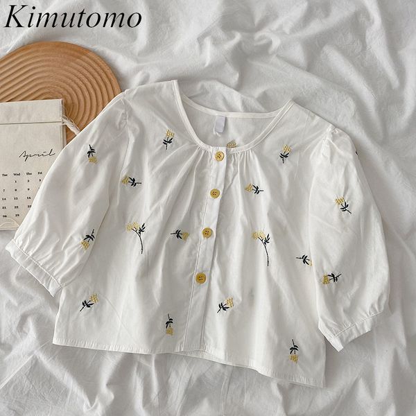 

kimutomo casual floral embroidery blouse girls o-neck short sleeve single breasted shirt ladies korean chic elegant fashion 210521, White