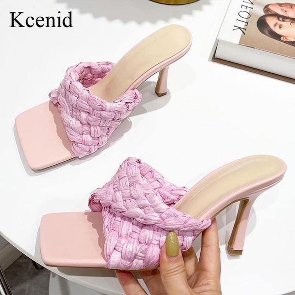 

kcenid handmade weave slippers women square toe thin high heels sandals summer party shoes runway t-show slides candy colors, Black