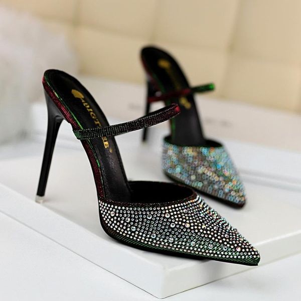 

slippers fashion high heel womens colorful crystals shoes 10.5cm thin heels shallow pointed hollow out home, Black