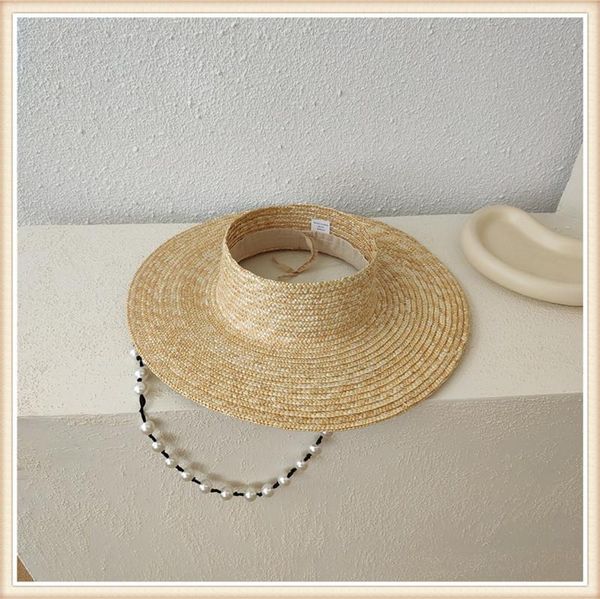 

wide brim hats 202105-2509104 summer handmade straw without pearl ribbon holiday sun cap beach leisure hat, Blue;gray