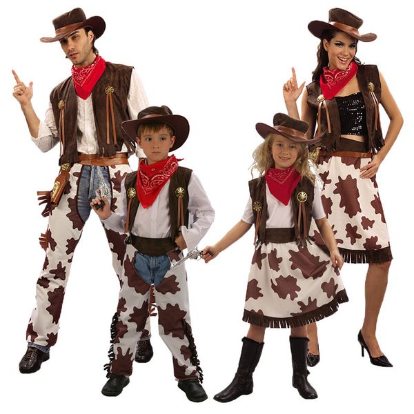 

halloween cosplay chilen men's and women's wtern cowboy style cloth parent-child campus party costum, Black;red