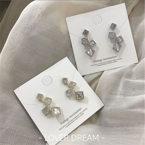 

v10v korean female zircon net red irregular square long diamond commuter silver stud diamond earrings and earringsneedle, Golden;silver