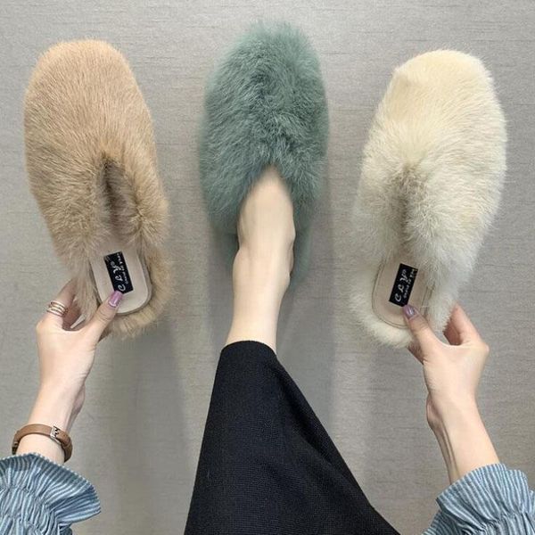 

slippers women winter plush ladies furry home female warm flat shoes woman house floor slides faux fur slipper, Black