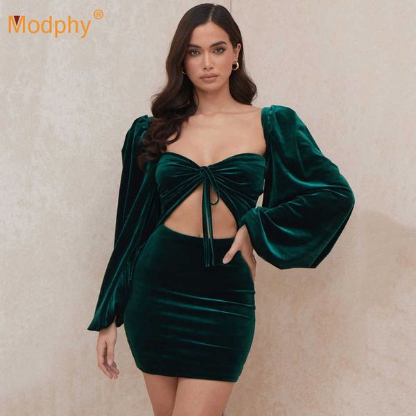 

hollow velvet dress women's green lantern long sleeve bodycon mini fashion elegant celebrity party vestidos 210527, Black;gray