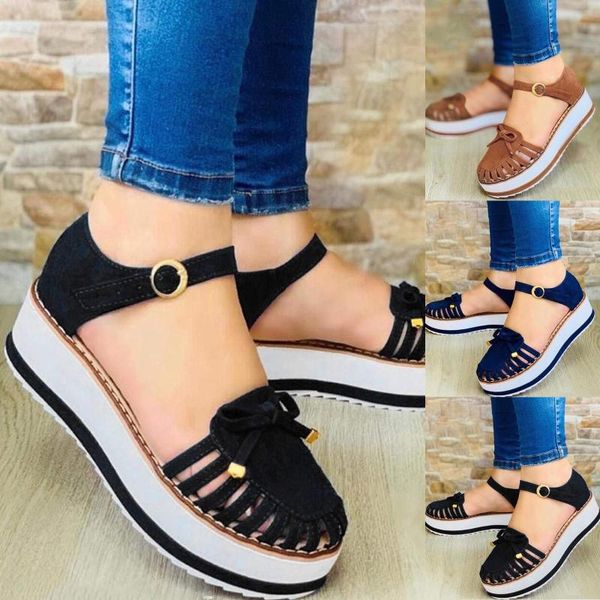 

sandals women shoes platform high wedges heel ankle buckles buckle rubber low round head, Black