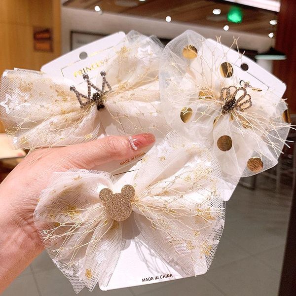 

fashion dot mesh hair bows soft girls heart sweet clips crown princess hairpin hairgrips barrettes kids accessories, Slivery;white
