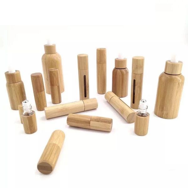 Garrafas de óleo essencial frascos de perfume Caixa de bambu e tampa Droppers Inner Galss ou roll-on boné de função para massagem facial 3ml 5ml 10ml