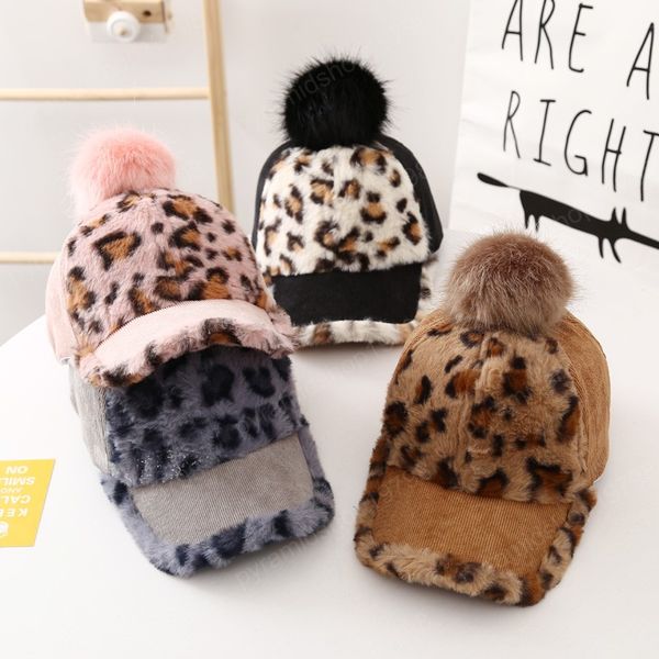 Mode Herbst Winter Kinder Baseball Kappe Faux Pelz Leopard Bommel Junge Mädchen Kinder Hüte Warme Dicke Plüsch Infant Kleinkind Sonnenhut