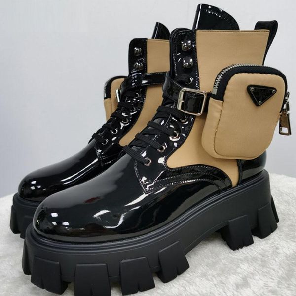 

boots fashion lace-up chunky sole round toe patent leather ankle pocket knight autumn thick heel khaki black shoes for women
