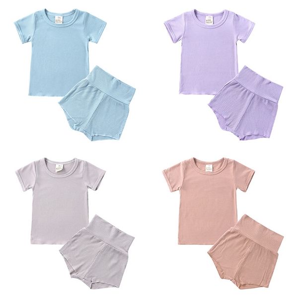 Solid Color Kids Pajamas костюм Летняя с кожей детские детские спящие одежды хлопок с коротким рукавом пижама + короткие штаны сна 210915