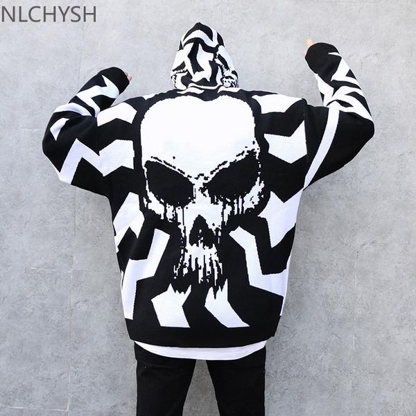 

men's sweaters autumn winter men skulls oversized sweater punk hip hop pull homme women plus size pullover warm knitted korean clothes, White;black