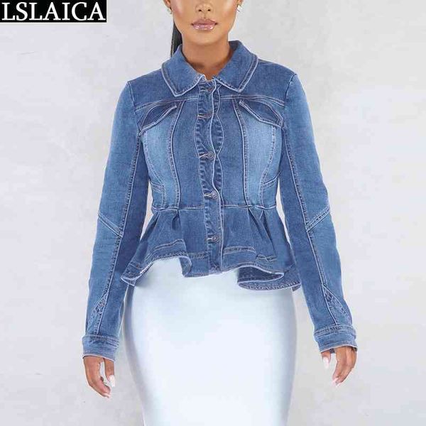 Long Sleeve Jeans Jacket Women Vintage Stitching Clothing Fashion Casual Streetwear Ruffles Chaquetas De Mujer 210520
