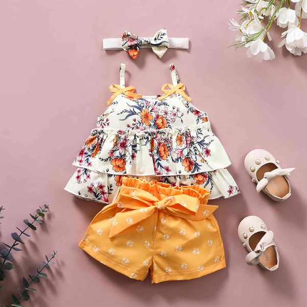 

18m-6y summer children kid girl clothes set bow flower ruffles vest shorts outfits costumes 210515, White