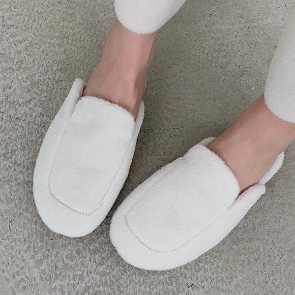 

slippers plain faux fur mules women flat winter home shoes round toe slides slip on furry loafers ladies designer indoor slipper, Black
