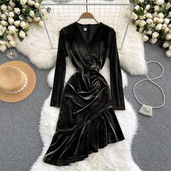 

vintage irregular velvet dress autumn elegant v-neck long sleeve draped vestidos female high waist party robe new fashion 2022, Black;gray
