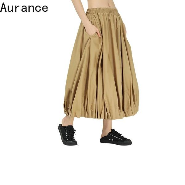 

skirts [aurance] women high elastic waist khaki pleated stitch temperament bud half-body skirt fashion tide spring autumn 2021, Black