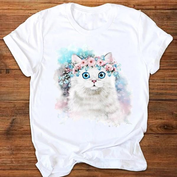 

graphic cat flower cartoon animal women t shirt 90s summer fall printing print clothes lady tees female womens, White