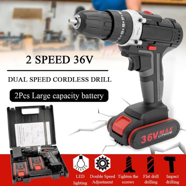 

professiona electric drills 36v impact cordless drill high-power with 2 pcs lithium battery wireless rechargeable hand power tools