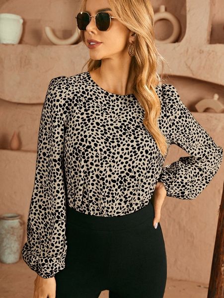 

dalmatian print keyhole back lantern sleeve blouse w1sz#, White