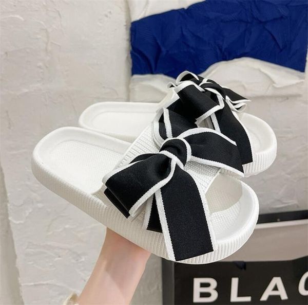 

slippers ladies summer bow fashion simple outdoor comfortable beach shoes white travel slides home flip-flops, Black