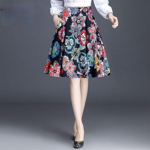 

skirts oversized 3xl printed women summer high waist 2021 a-line knee-length elegant office lady quality, Black