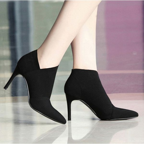 

boots women sock ankle woman autumn winter fashion high heels pointed toe martin shoes 7o01, Black