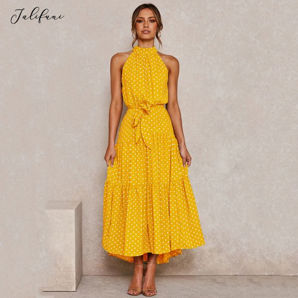 Mulher bolinhas vestidos casuais verão vestido longo preto sexy halter sem alças amarelo roupas de férias amarelo roupas para as mulheres 210415