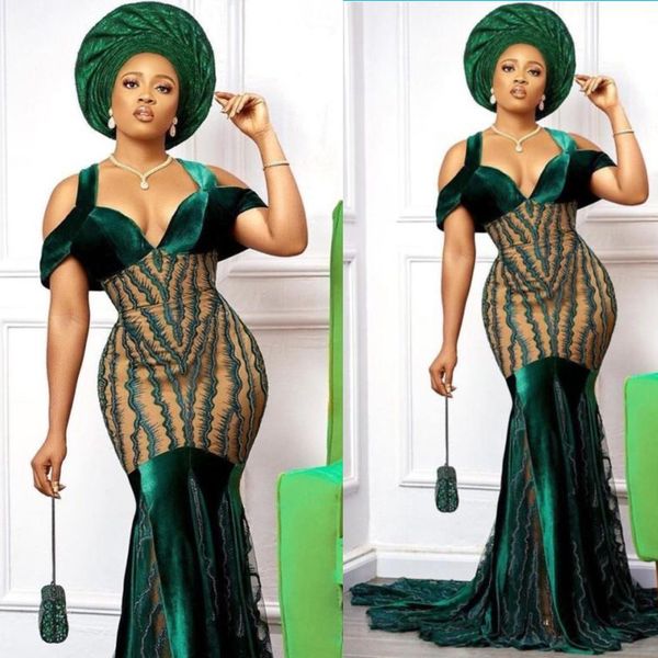 Elegante verde veludo vestidos de baile mulheres sereia aso ebi vestidos de noite varrem o chão feito sob encomenda feitos formal festa vestido