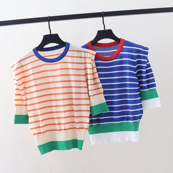 

summer t-shirts for women tees stripes o-neck puff sleeve knit crop t shirts casual harakuju korean lady clothes women's t-shirt, White
