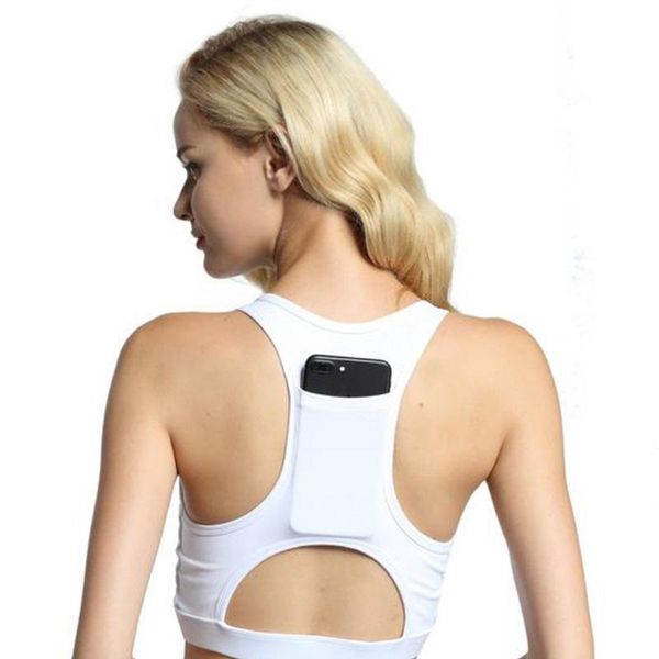 

women sports bra with phone pocket print yoga fitness running wear haut femme padding gym bras wireless deportivo mujer clothing, White;black