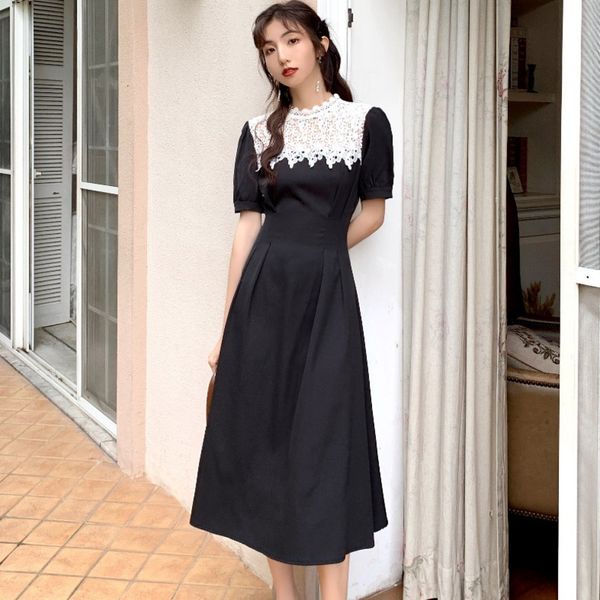 

dress fashion summer women short sleeve lace patchwork vintage black elegant party long vestidos robe femme 5eds, Black;gray