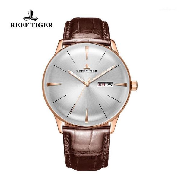

reef tiger/rt simple business dress watches rose gold case leather strap automatic mechanical brand men date day watch wristwatches, Slivery;brown