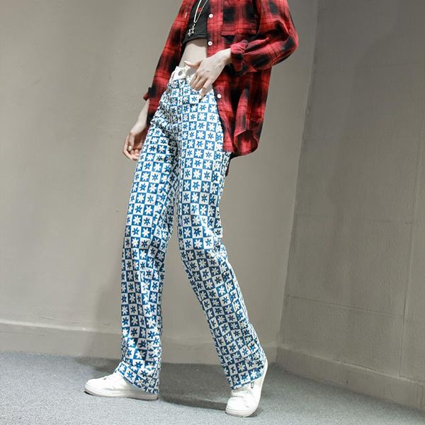 

women's jeans 2021 high-waisted blue and white chequered print denim straight leg loose large size y2k