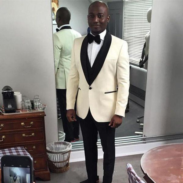 

classic ivory wedding suits with black lapel groomsmen tuxedos fashion men prom party (jacket+pant+tie) men's & blazers, White;black