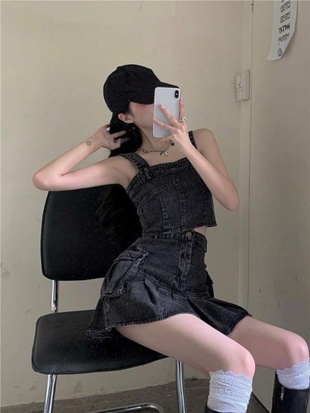 

women's jeans fried street denim suit girl suspender vest skirt small sweet cool two piece 2021 summer, Blue